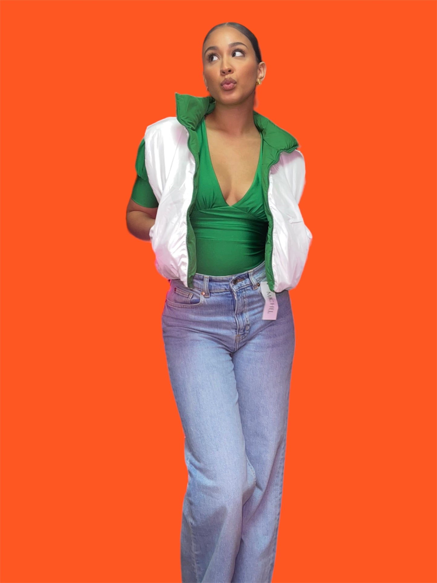 Monique Puffer Vest- Green/White