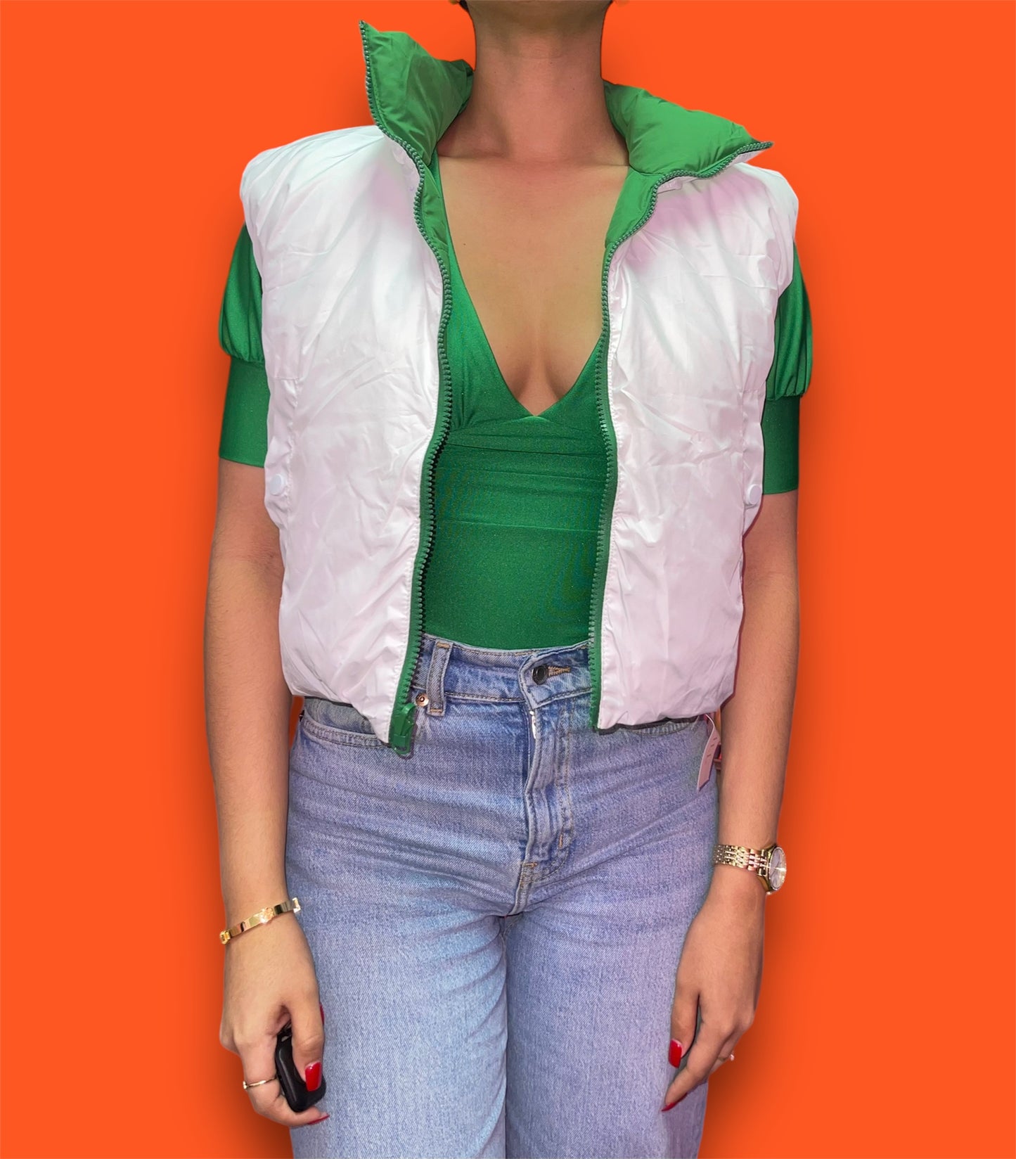 Monique Puffer Vest- Green/White